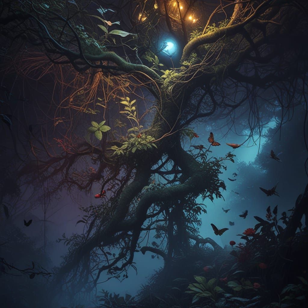 Enchanted Forest Scene with Vibrant Wildlife