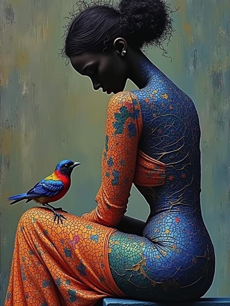 Woman in Profile, Serene with Bird, in Klimt-Inspired Oil on...