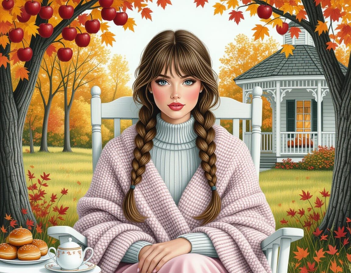 Brunette in Autumnal Scene, Pencil and Ink Style