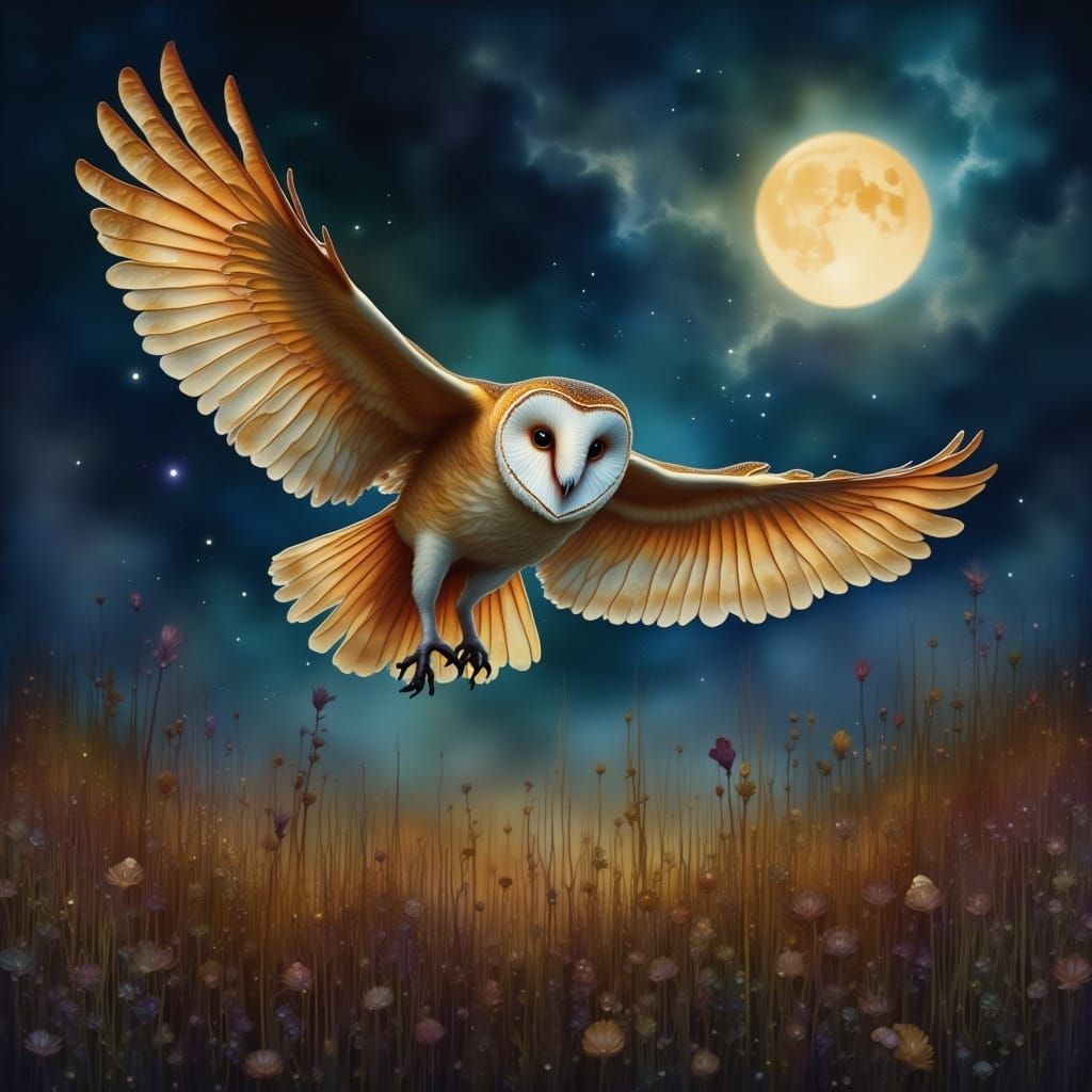 Barn Owl Gliding in Moonlit Field, Hyperrealistic Style