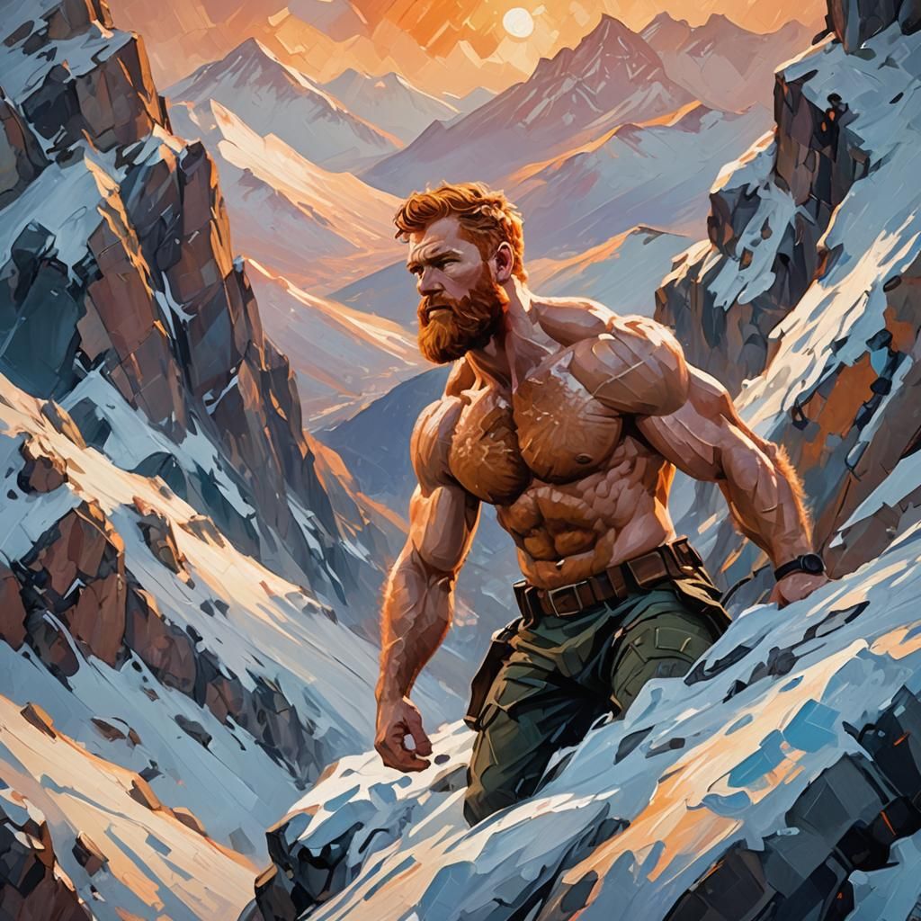 Ginger Soldier Climbs Snowy Cliff: Impasto Oil Painting