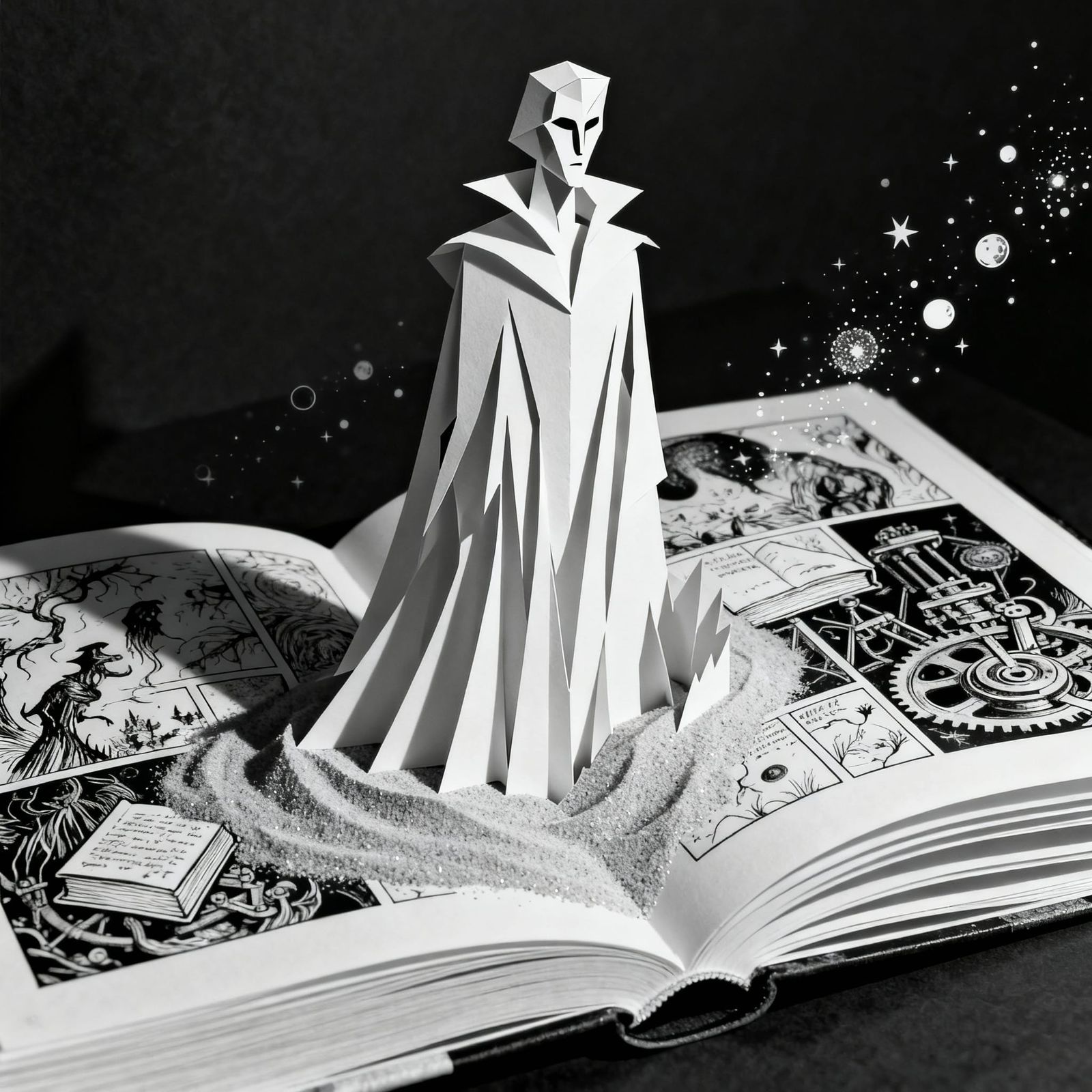 Sandman Pop-Up Book in Dark Fantasy Comic Art Style