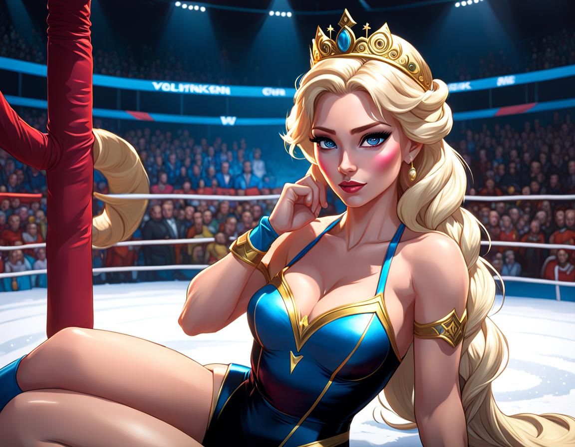 Elsa thrown to the canvas in a wrestling arena