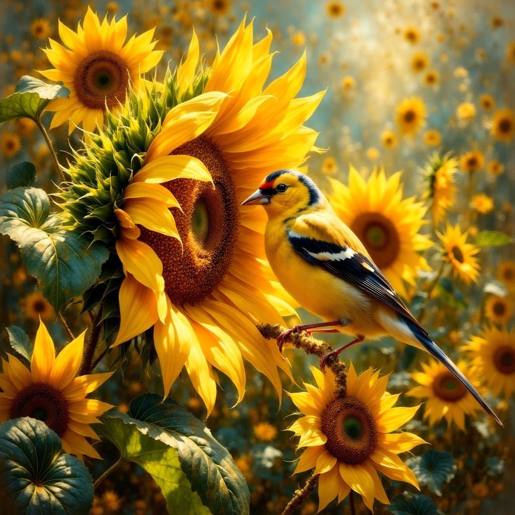 Golden Finch in Serene Sunflower Garden, in the Style of Nat...