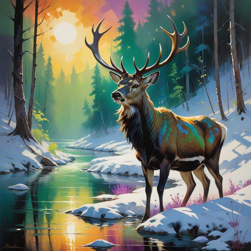 Mystical Northern Stag under the Aurora Borealis Oil Paintin...