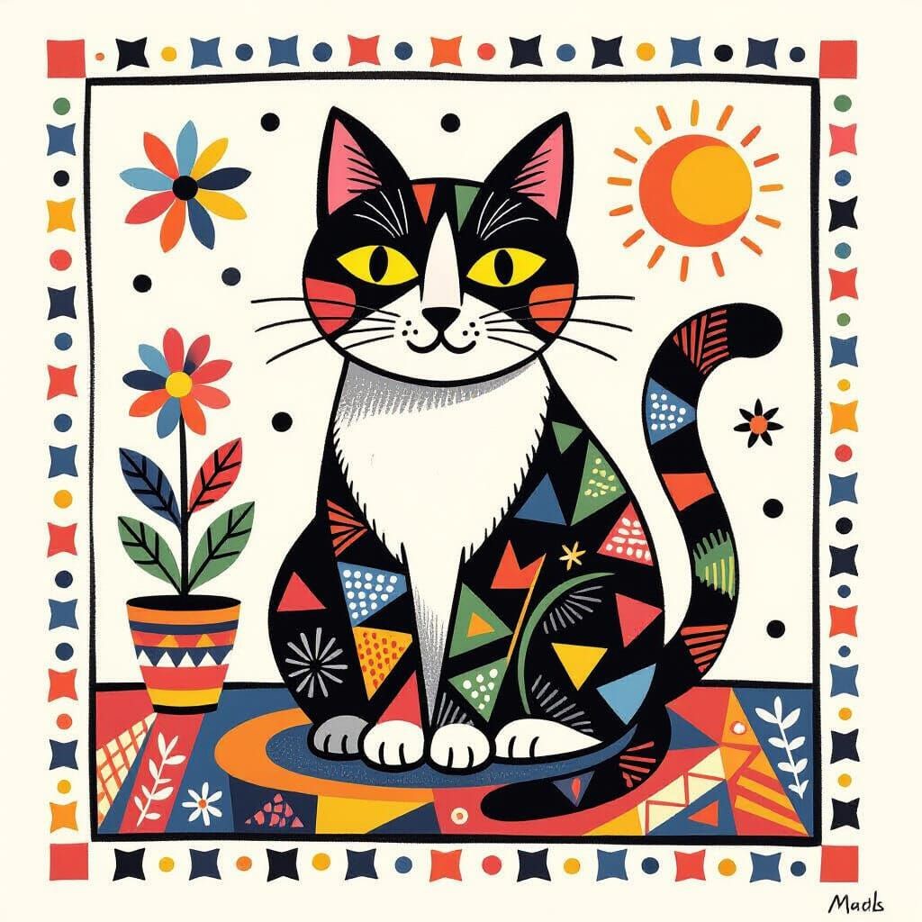 Cat on Rug Coloring Page in Matisse Style