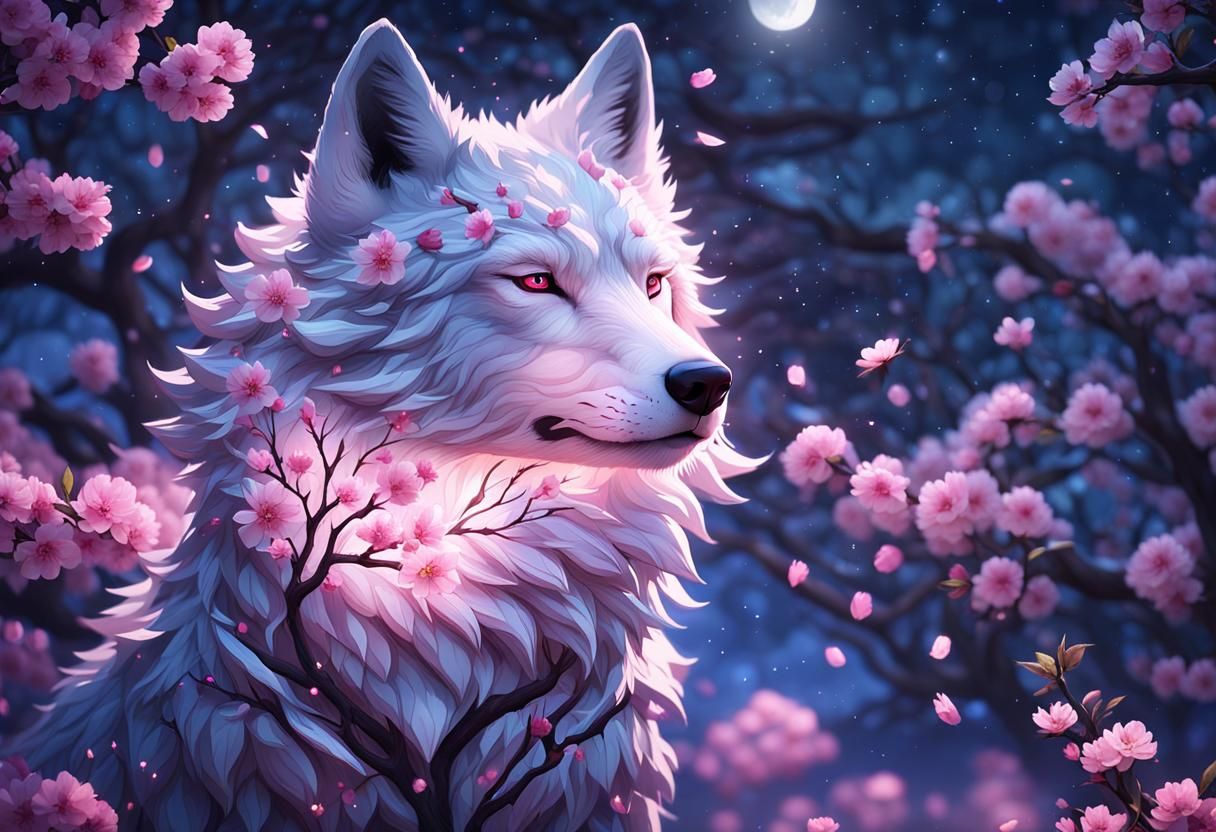Wolf with Sakura Petals in Zen Garden