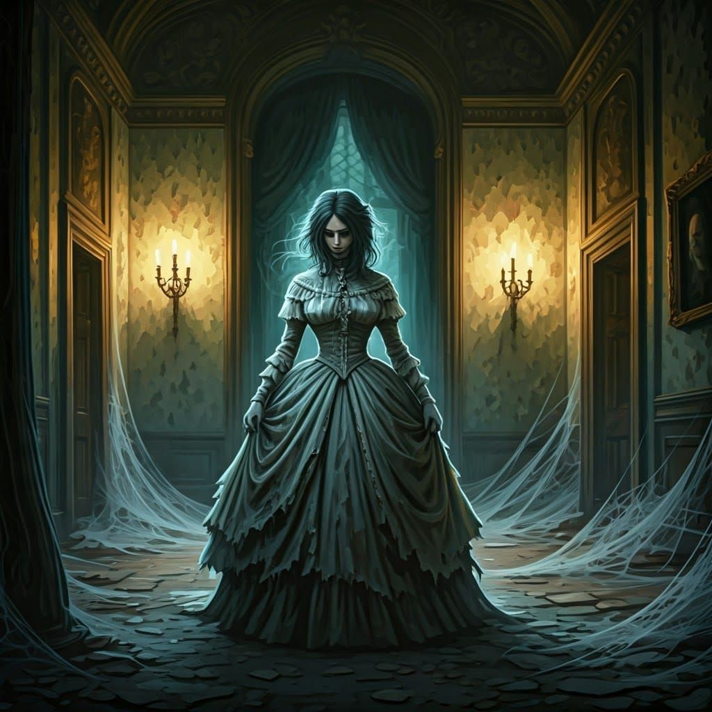 Ghostly Figure in Forgotten Mansion, in Victorian Gothic Sty...