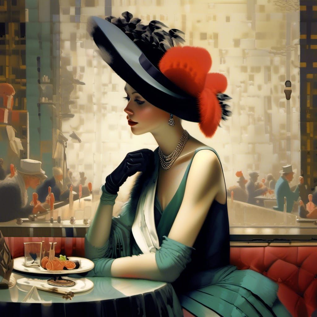 Elegant Frenchwoman in Restaurant: Digital Art