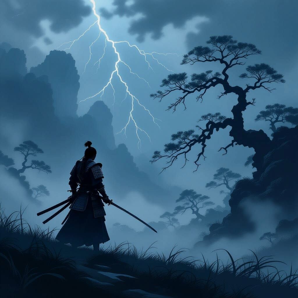 Lone Samurai Warrior on Misty Battlefield