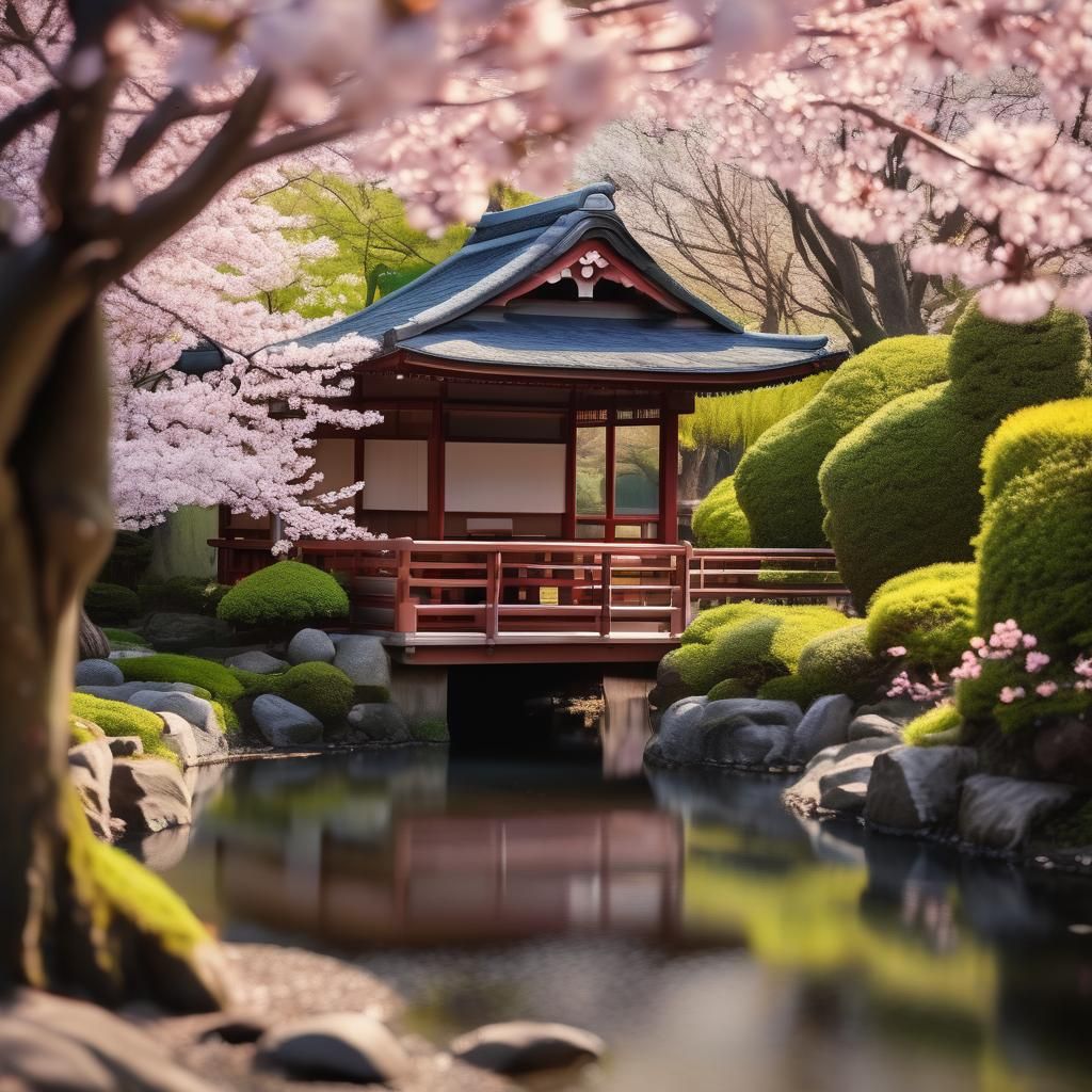 Tranquil Japanese Tea House in Cherry Blossom Garden