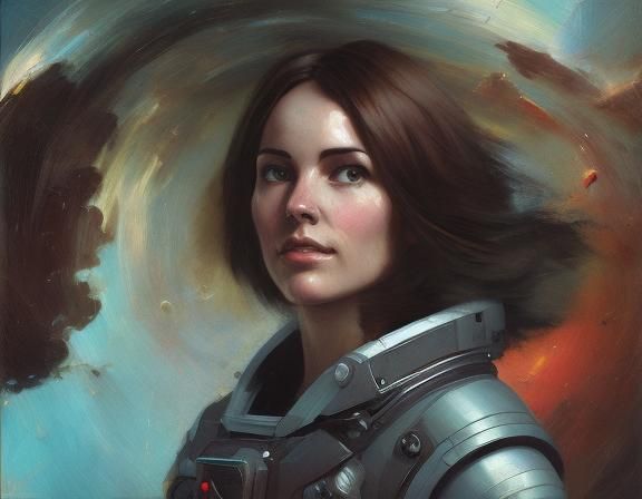 Android Woman in Space Station, Oil Painting