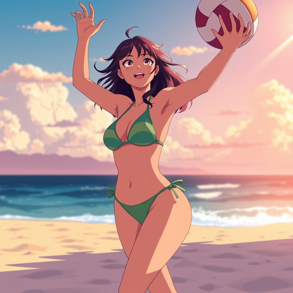 Anime Woman Playing Volleyball on Sunny Beach