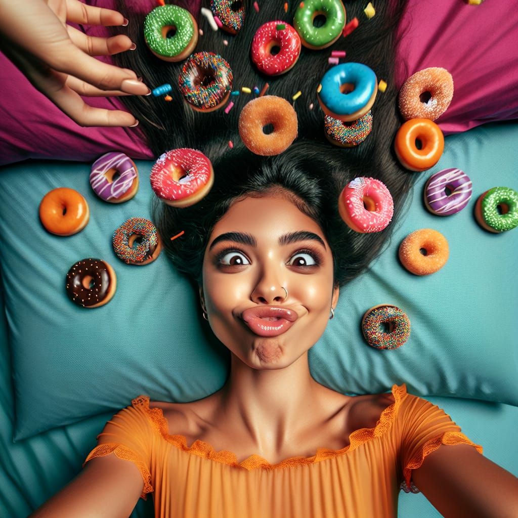 Humorous Teen Girl in Donut Shower