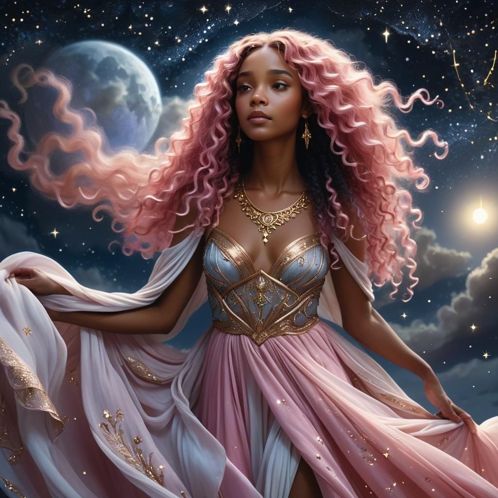 Black Woman in Grecian Gown Under the Stars
