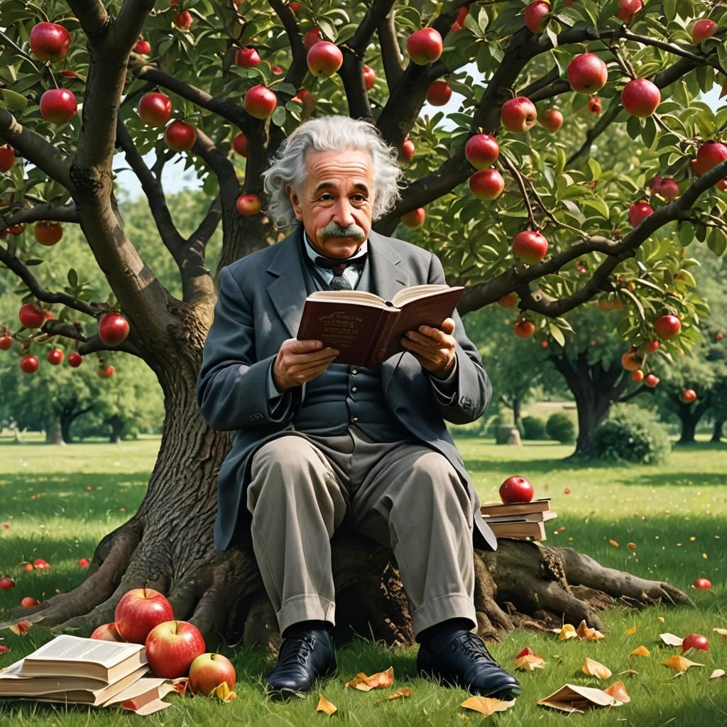 Einstein Under Apple Tree: Hyperrealistic Digital Art