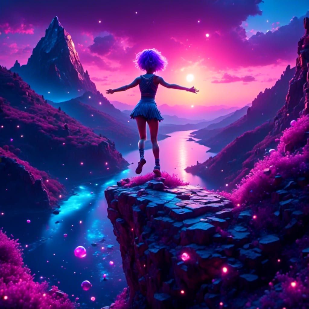 Purple Haired Woman Cliff Diving, 3D Digital Art