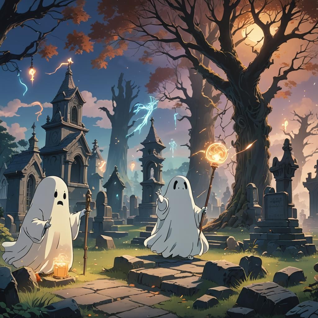 Ghosts Playing with Magic in Graveyard, Ghibli Style