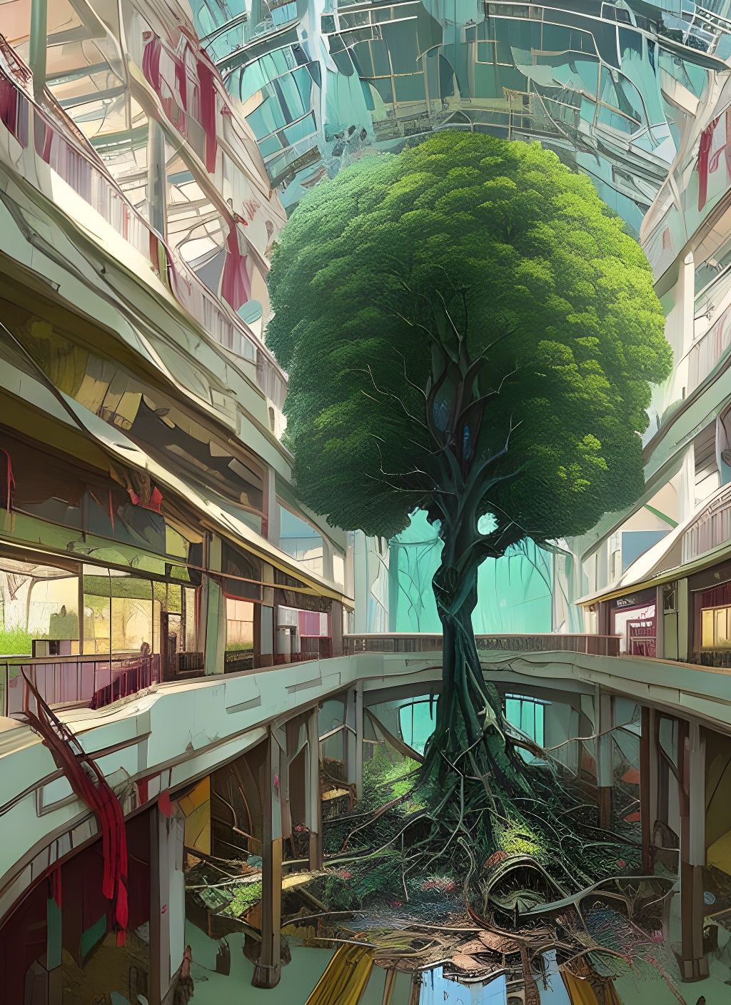 Tree in Abandoned Mall: Detailed Digital Art