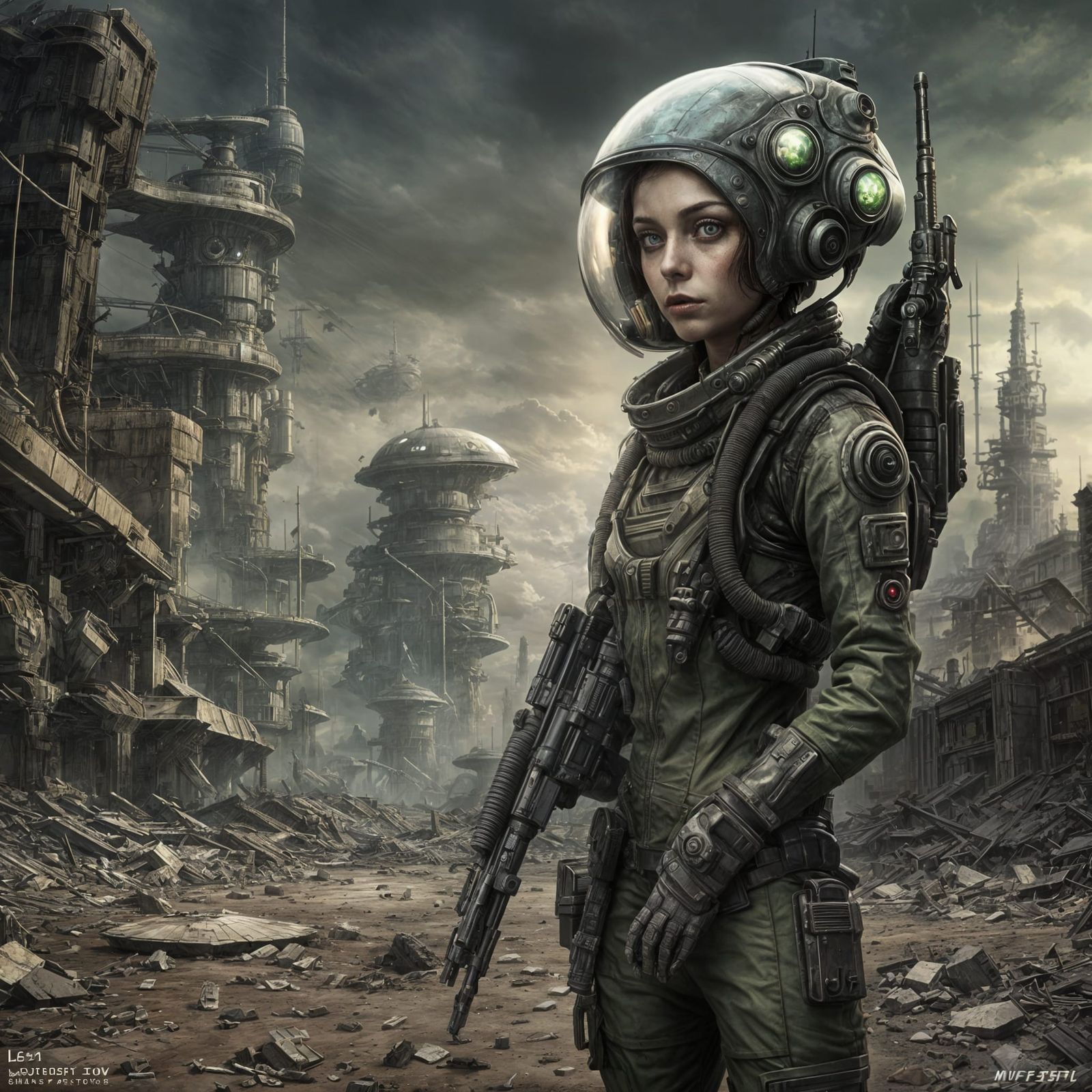 Sci-Fi Alien Soldier Girl in Dystopian Landscape