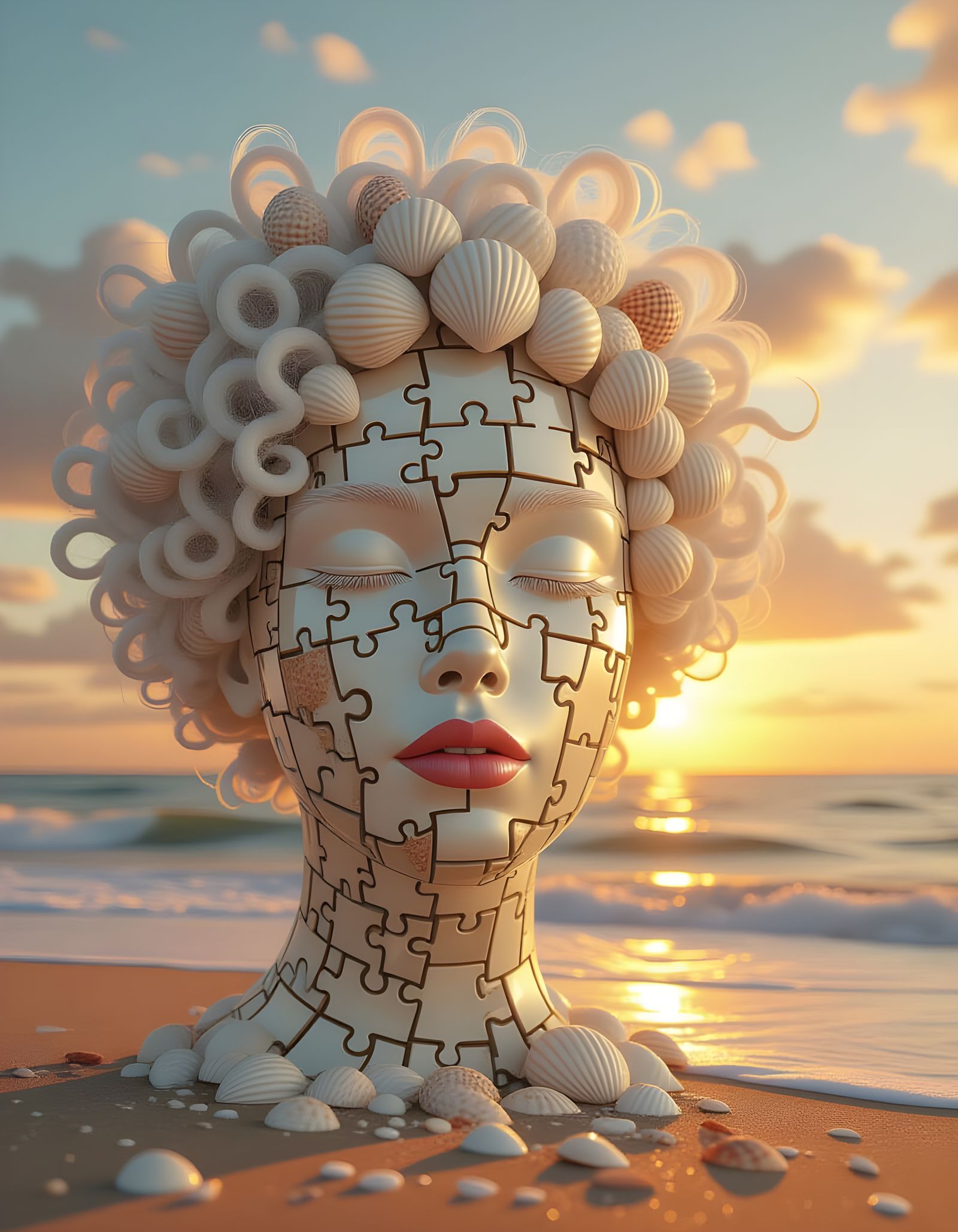 Albino Woman's Puzzle Face of Shells at Sunset