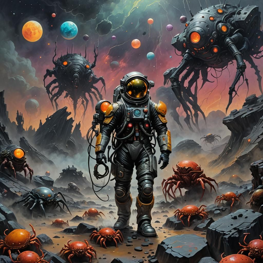 Astronaut Encounter with Metal Crabs, Gustave Doré Style