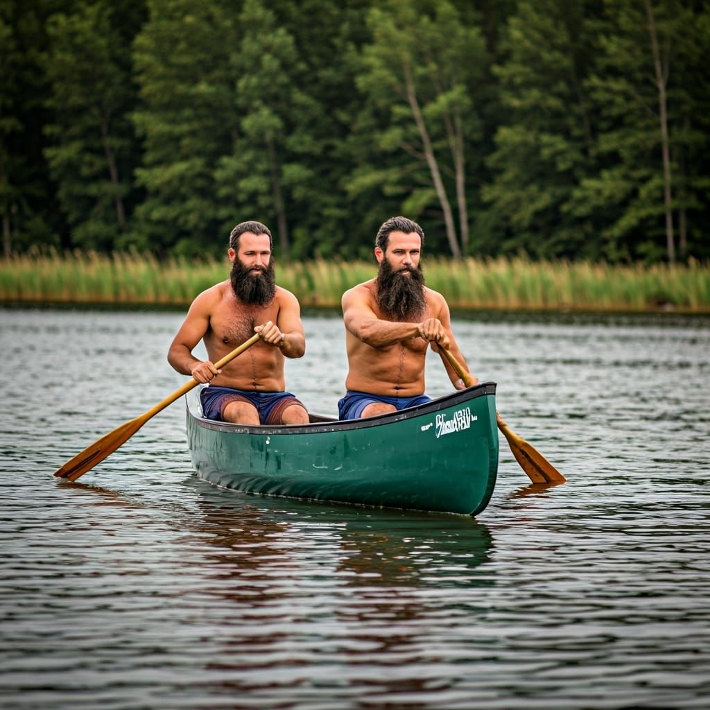 Bearded Men Rowing Canoe