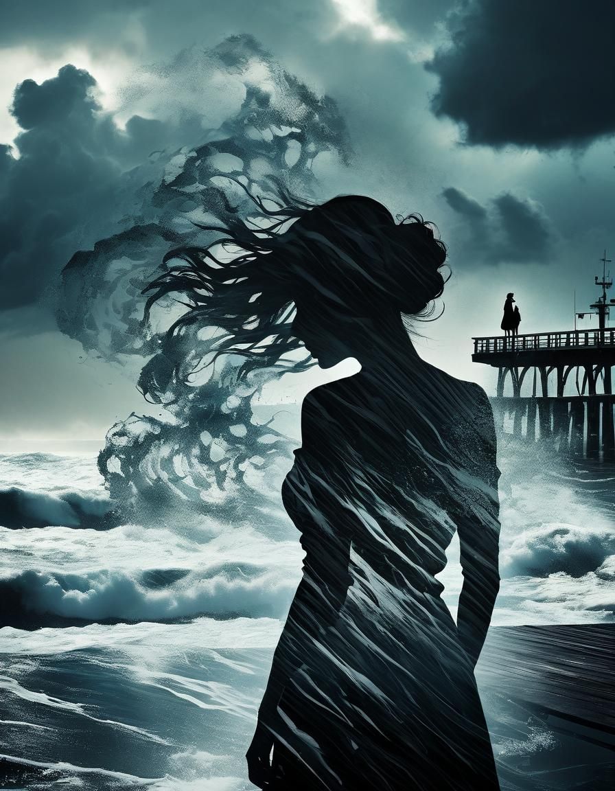 Woman on Pier in Stormy Sea: Double Exposure Splash Art