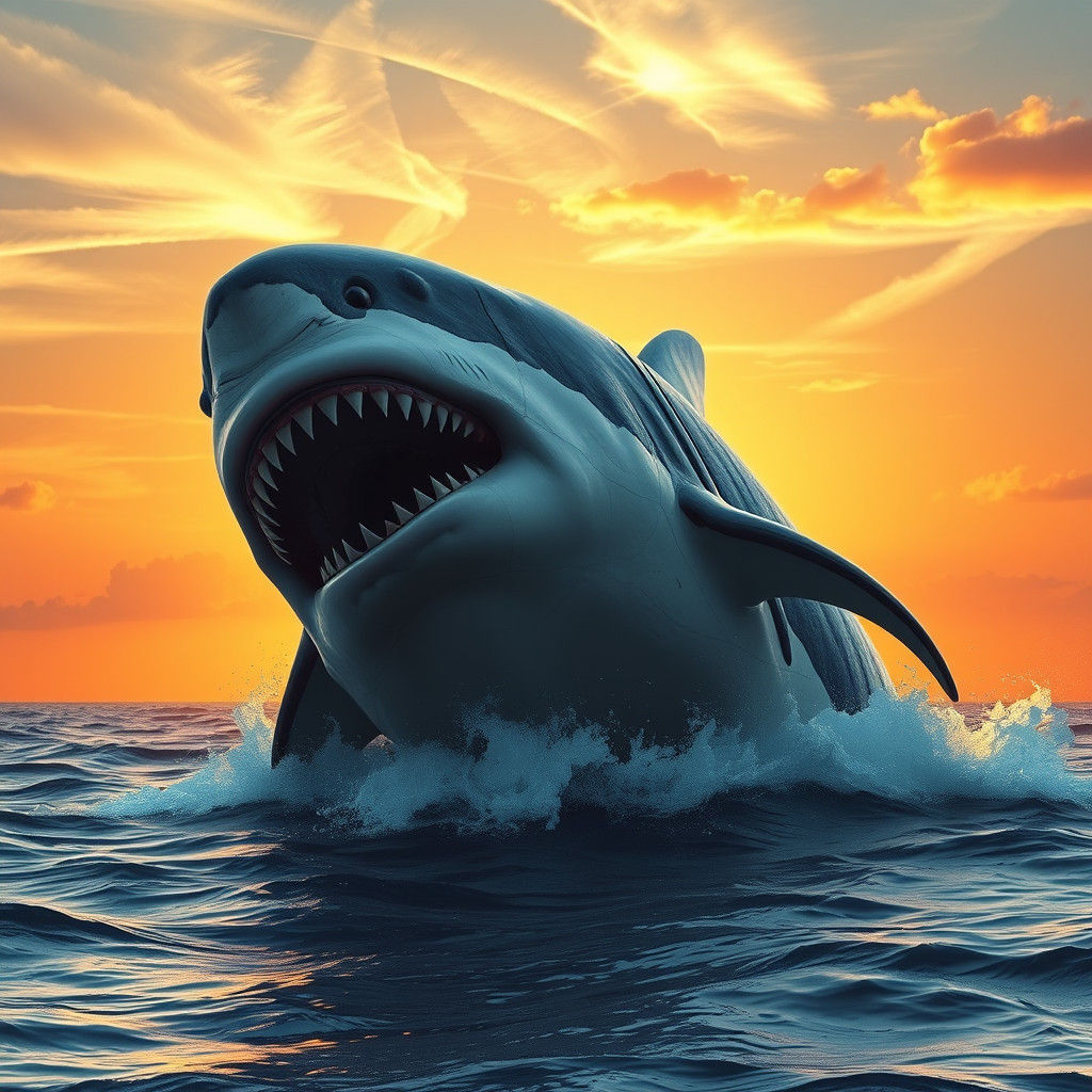 Great White Shark Breaching at Sunset: Digital Matte Paintin...
