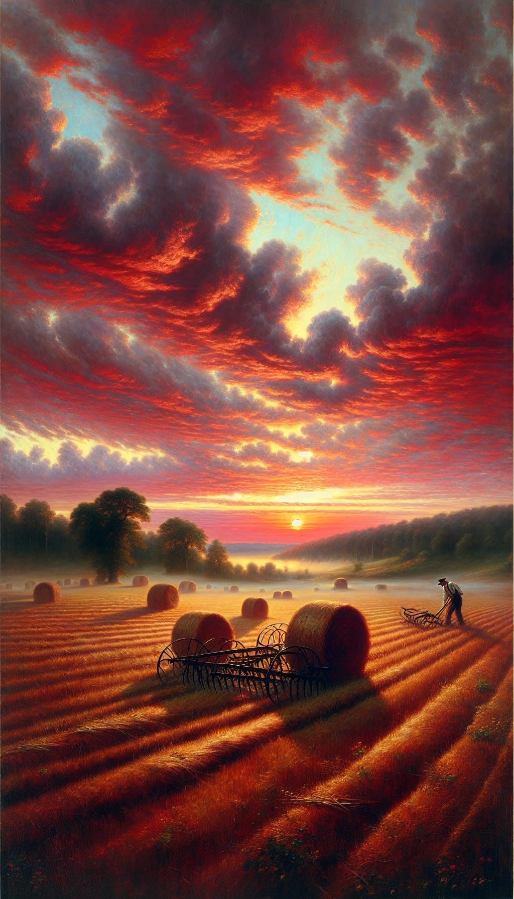 Hay Bales at Sunrise in Romanticism Style
