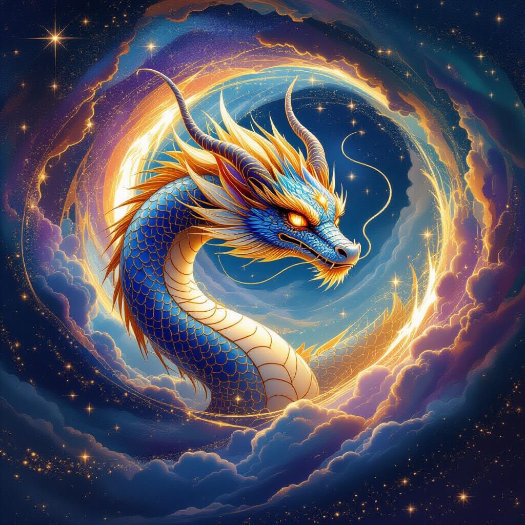 Celestial Dragon Descending: Art Nouveau Digital Painting