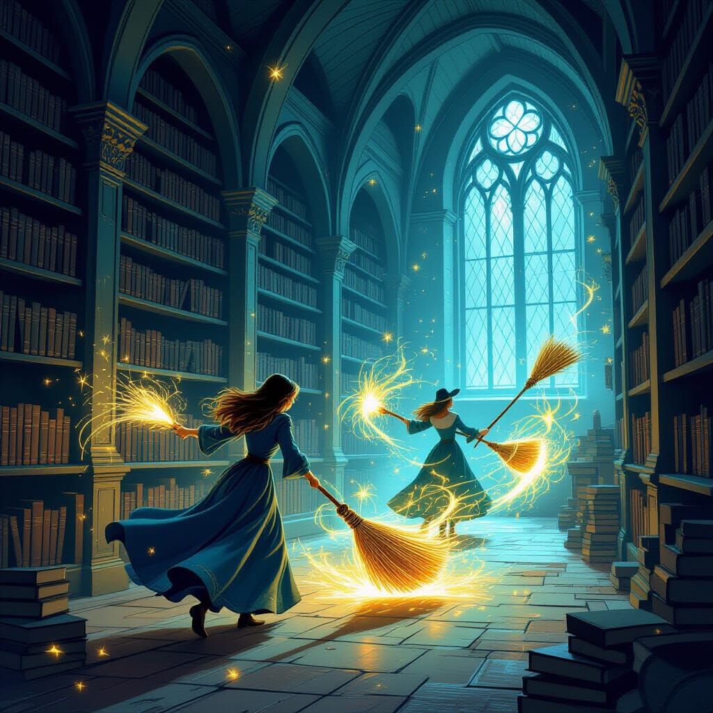 Enchanted Brooms in Ancient Library, Illustrative Style