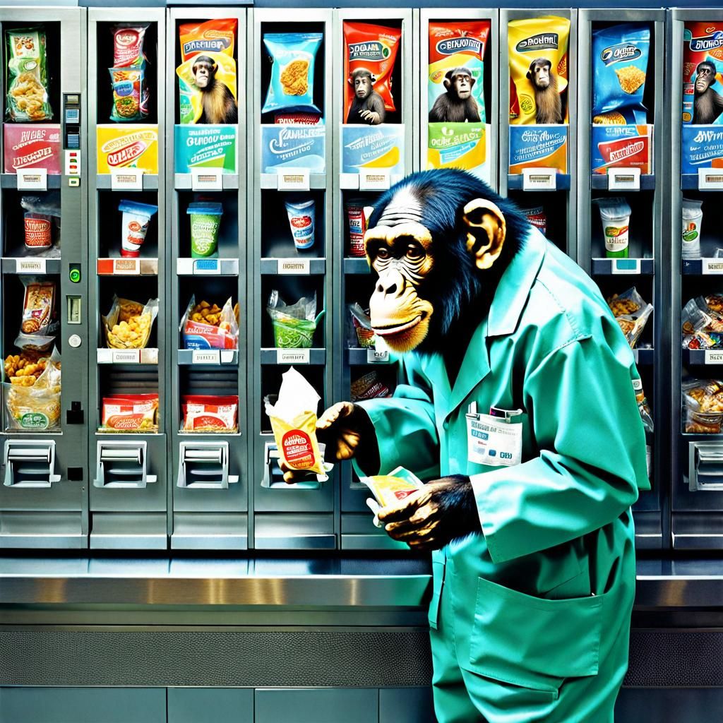 Chimpanzee's Vending Machine Heist: Photorealistic Detail