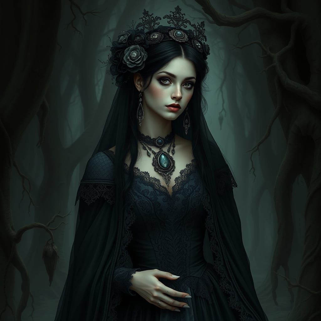 Ethereal Gothic Queen in Mourning Attire Amidst Dark, Mystic...