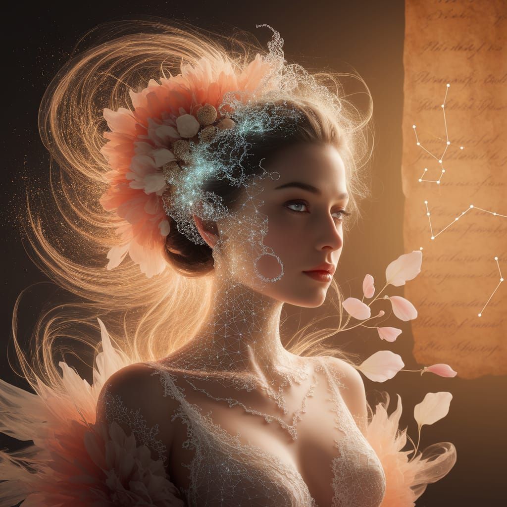 Surreal Woman Merging With Luminous Data and Petals