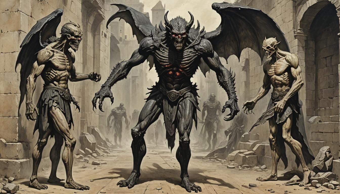 Pazuzu Confronts Hero in Arid Desert, Detailed Matte Paintin...