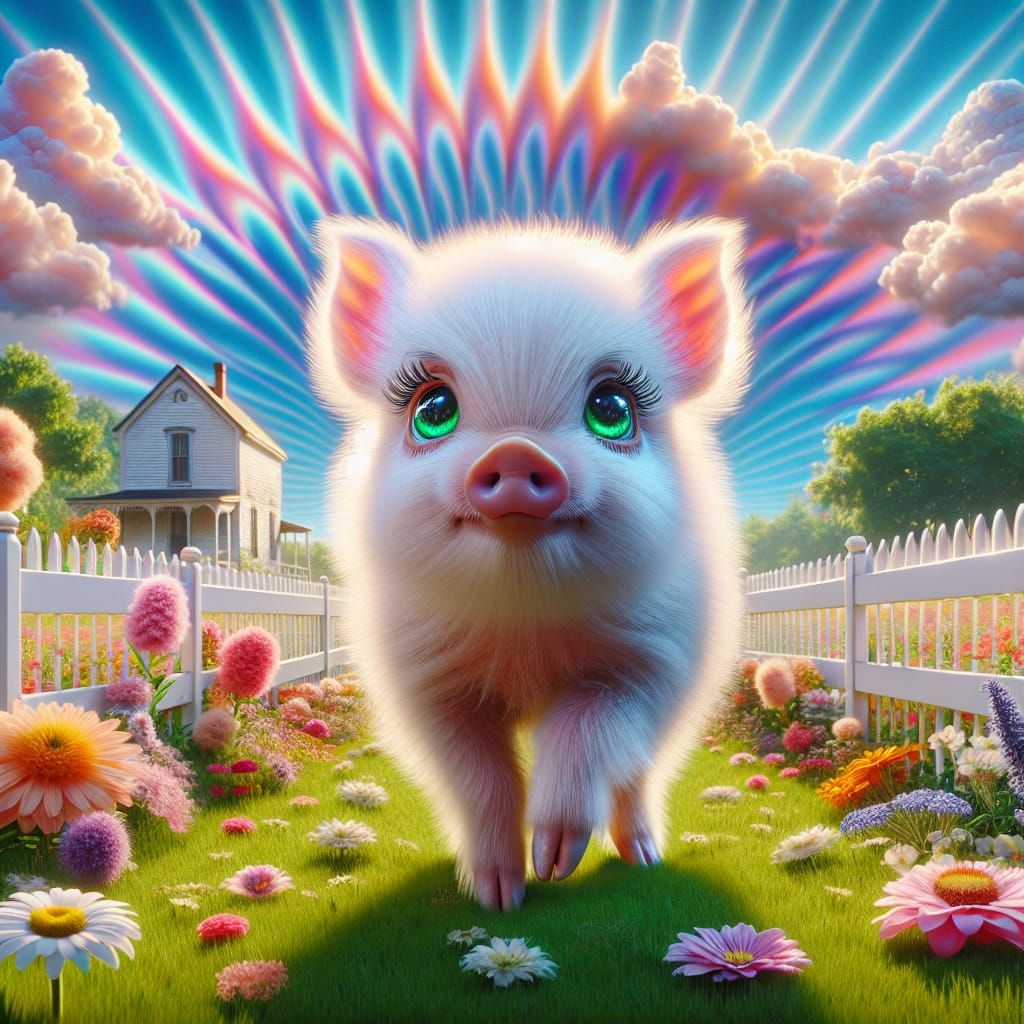 Cute Piglet Grazing in a Blooming Field