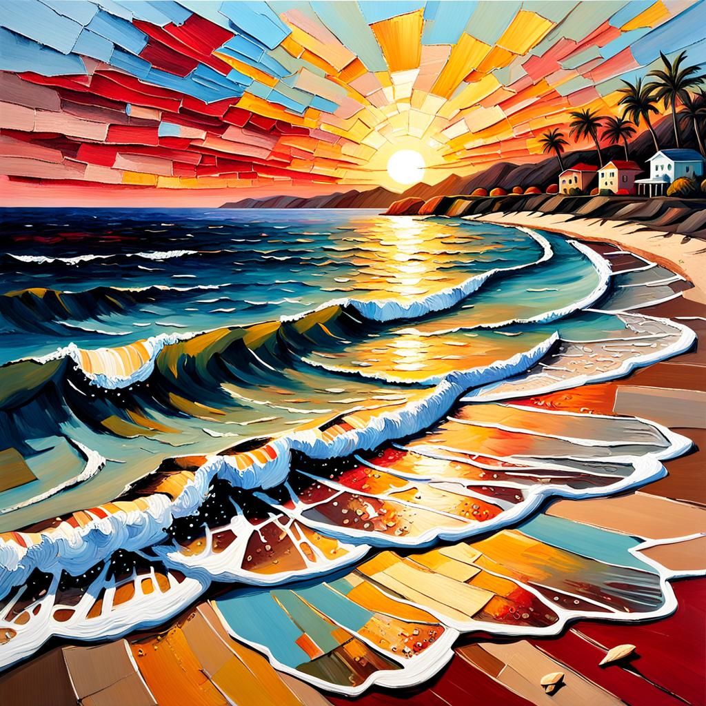 Sunset Beach Impasto Painting with Collage Elements