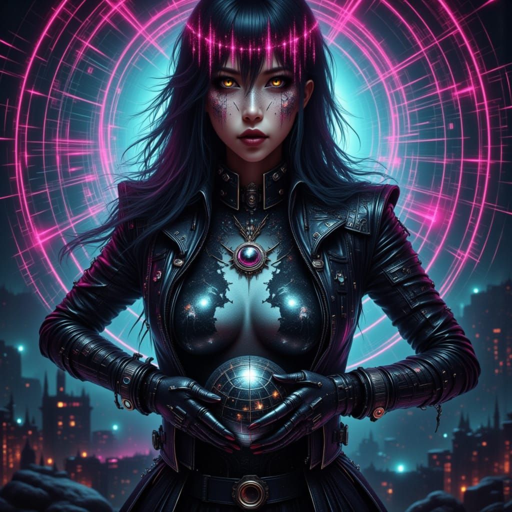 Cyberpunk Spy Ball with Female Thief in Neon City