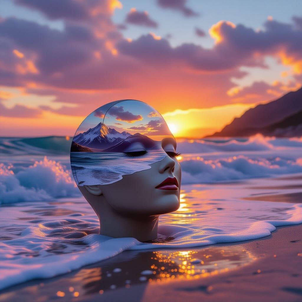 Surreal Beach Scene with Mountains and Sunset