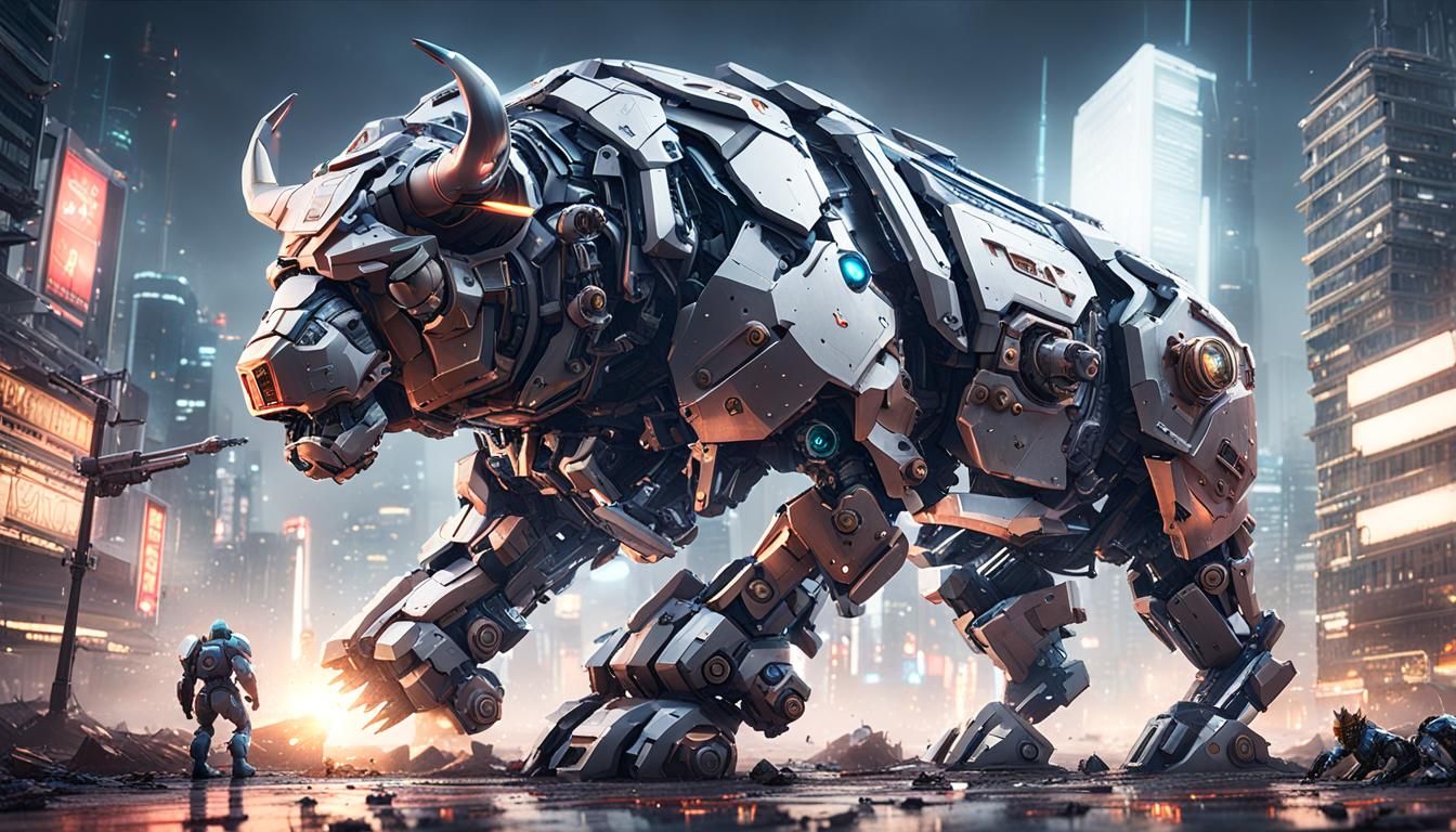 Bull Mecha Versus Bear Mecha in Sci-Fi City