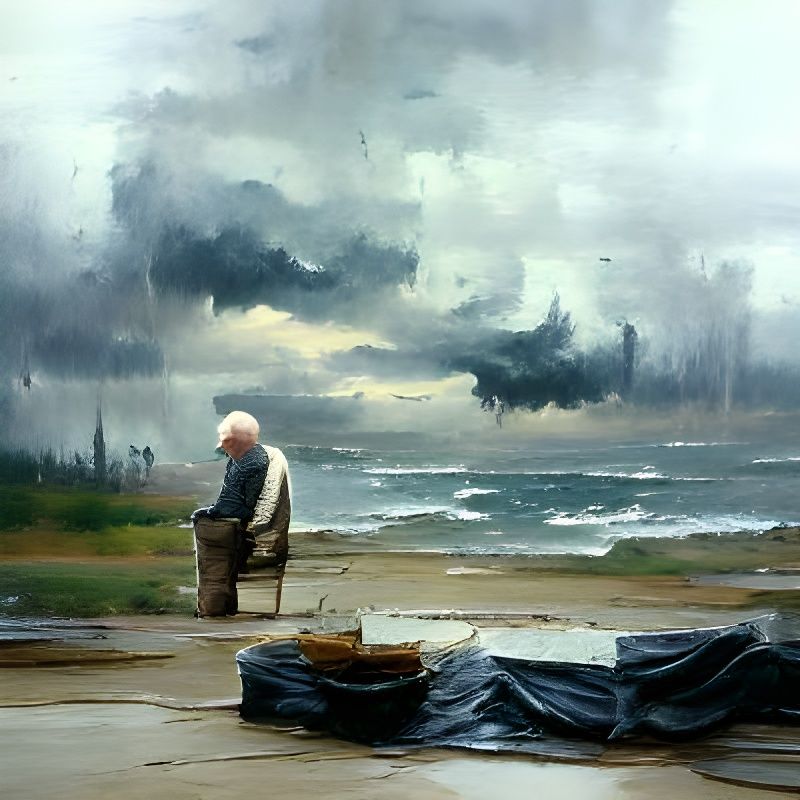Sad Old Man Gazing at Gloomy Ocean, Oil Painting