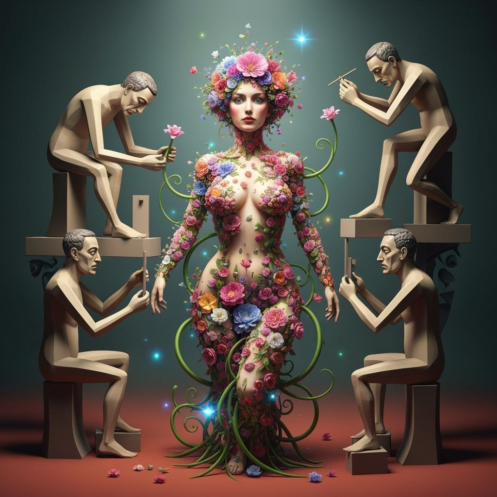 Floral Woman and Cubist Men Repairing Surreal World