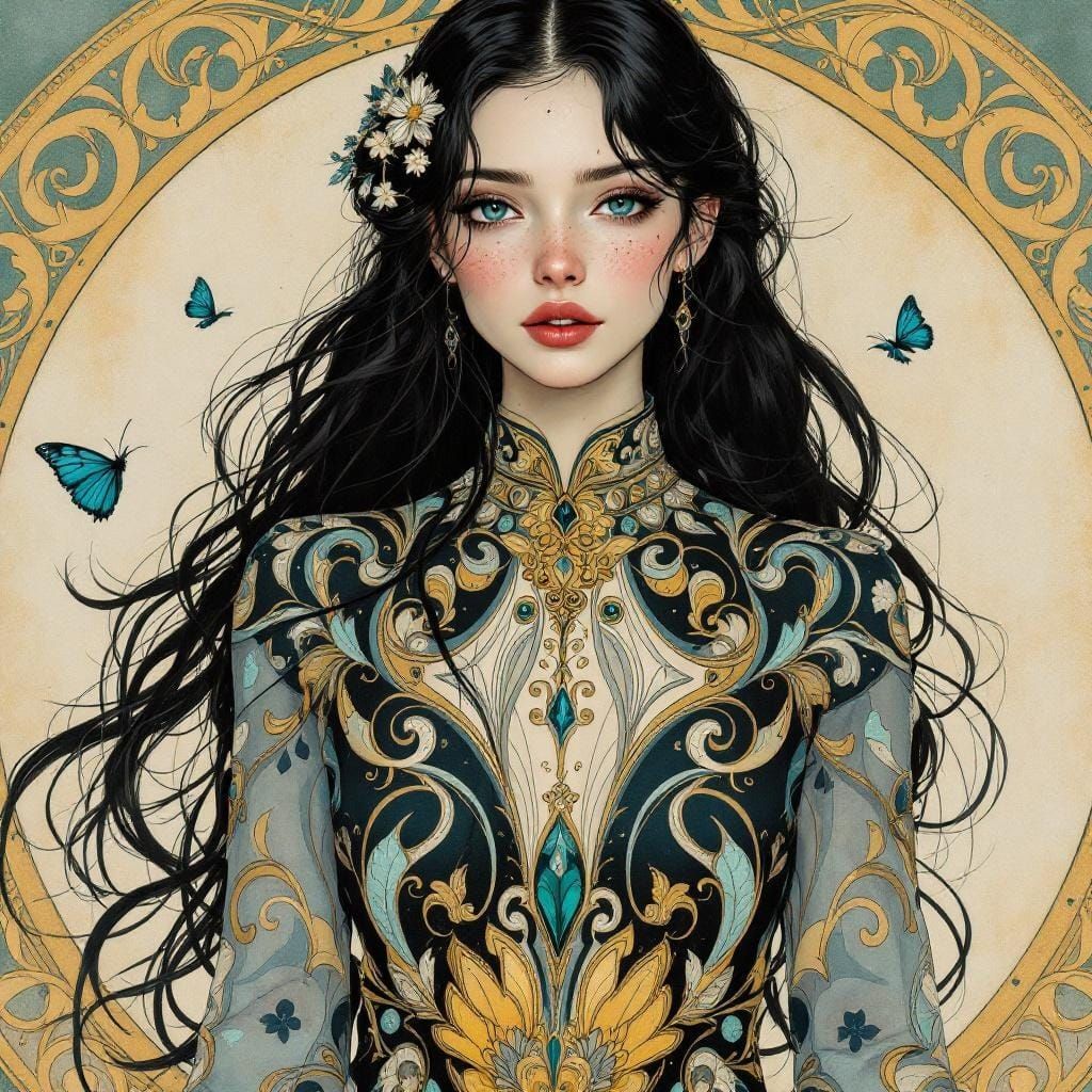 Pale Freckled Woman in Art Nouveau Style Dress