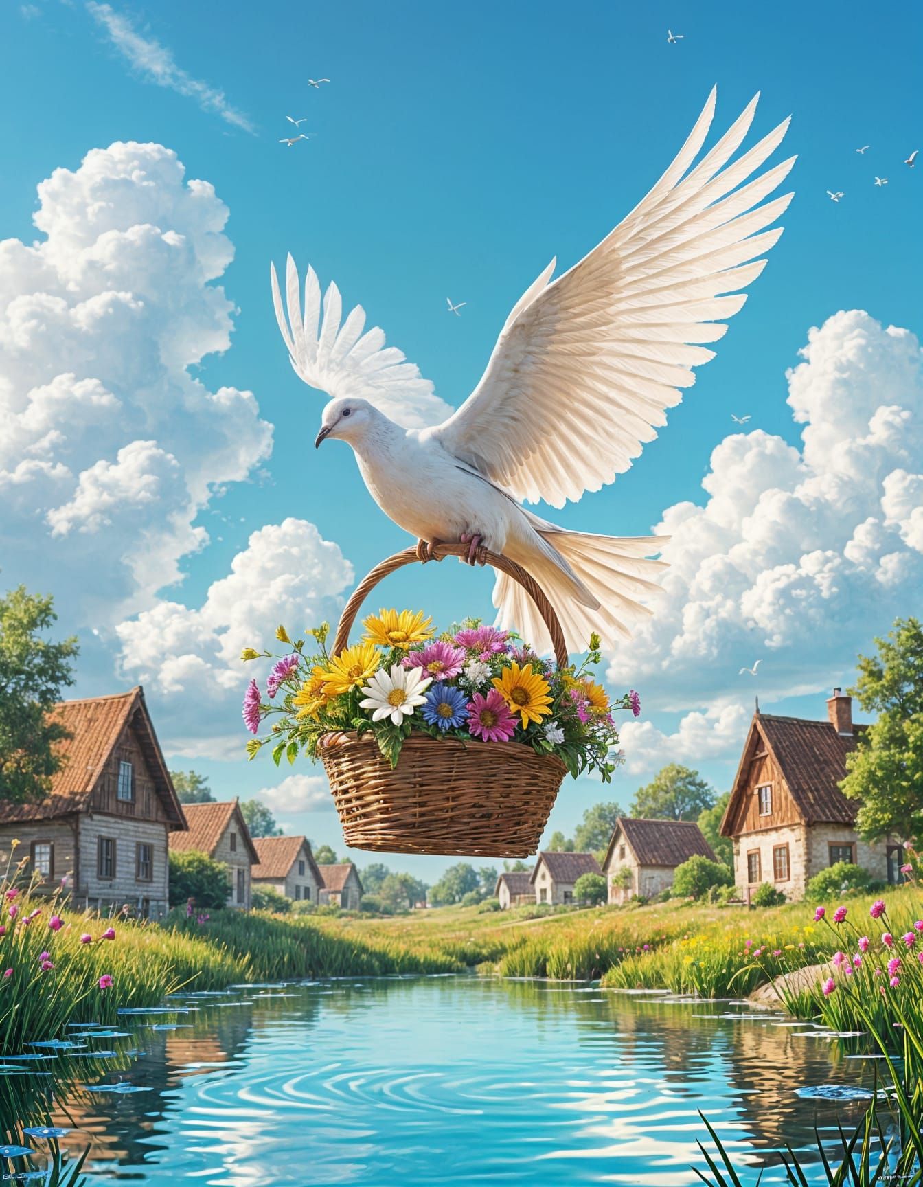 Dove in Flight with Flowers: A Digital Art Piece