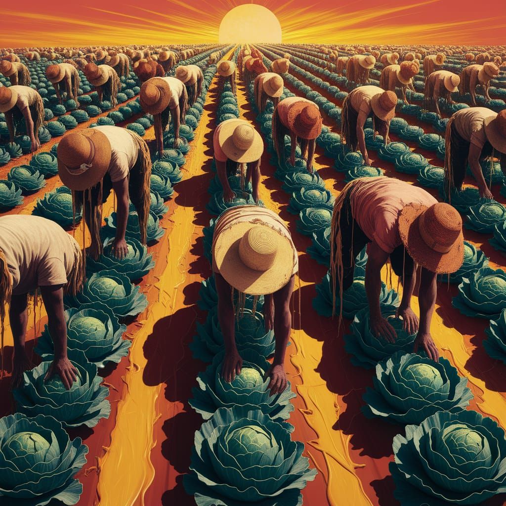 Melting Farm Laborers in Surreal Expressionist Landscape