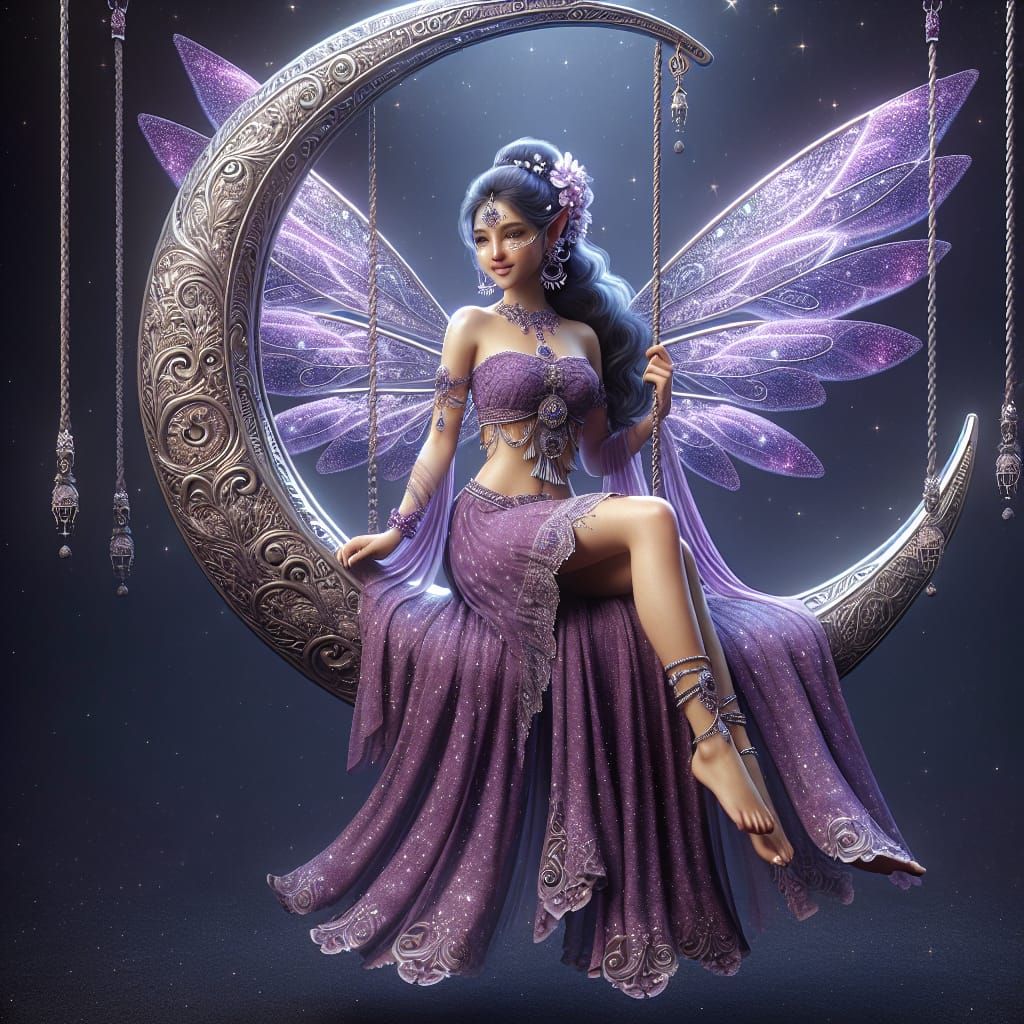 a beautiful purple fairy, sitting on a detailed crescent moo...