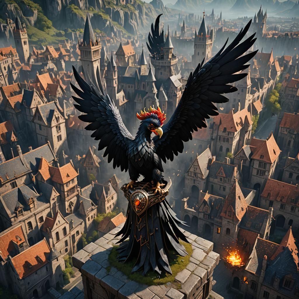 Black Phoenix with Philosopher's Stone in Medieval City