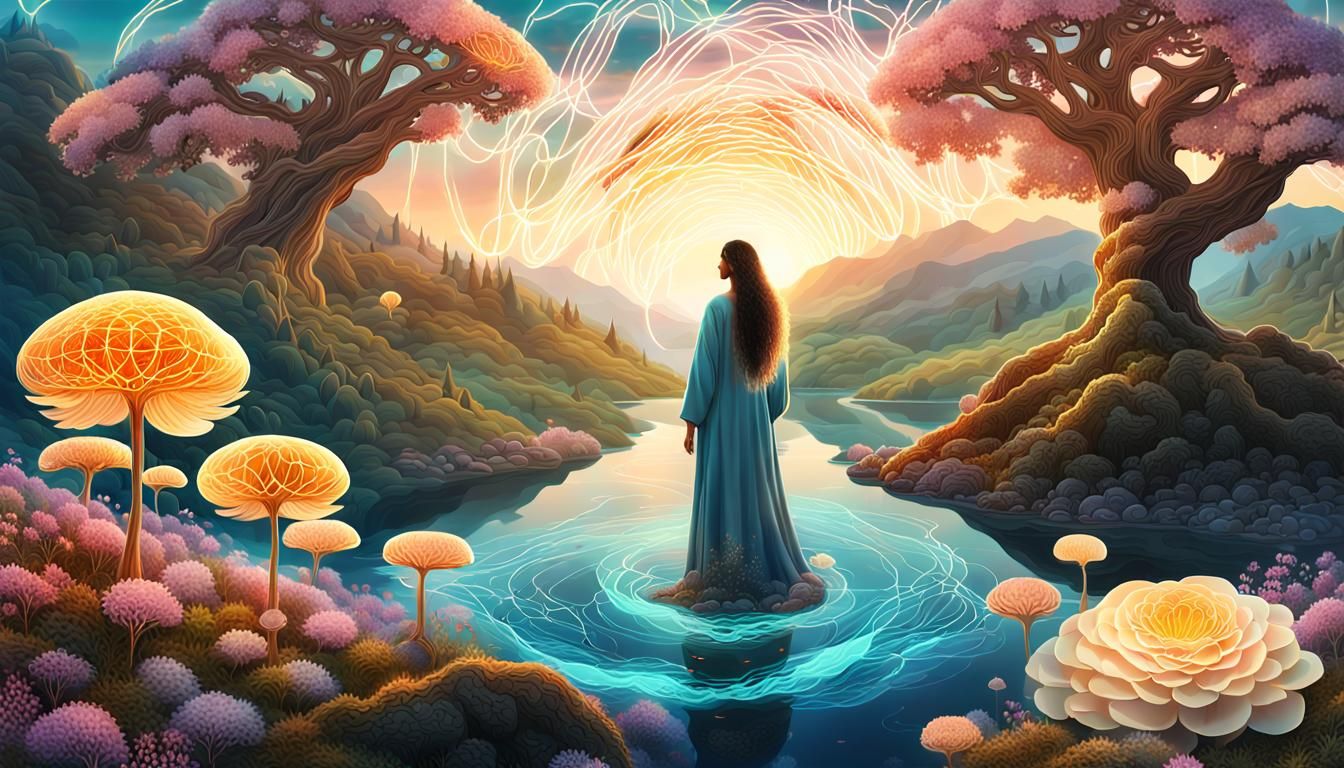 Surreal River Born in a Vibrant Mycelium Network, Capturing....