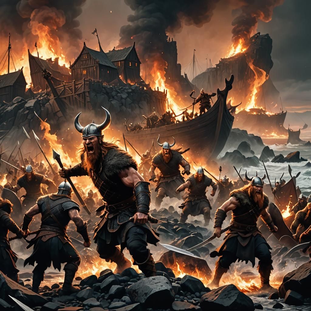The Viking Raid: A dramatic shot of Viking warriors charging ashore from their longships, axes and swords raised. The ai...